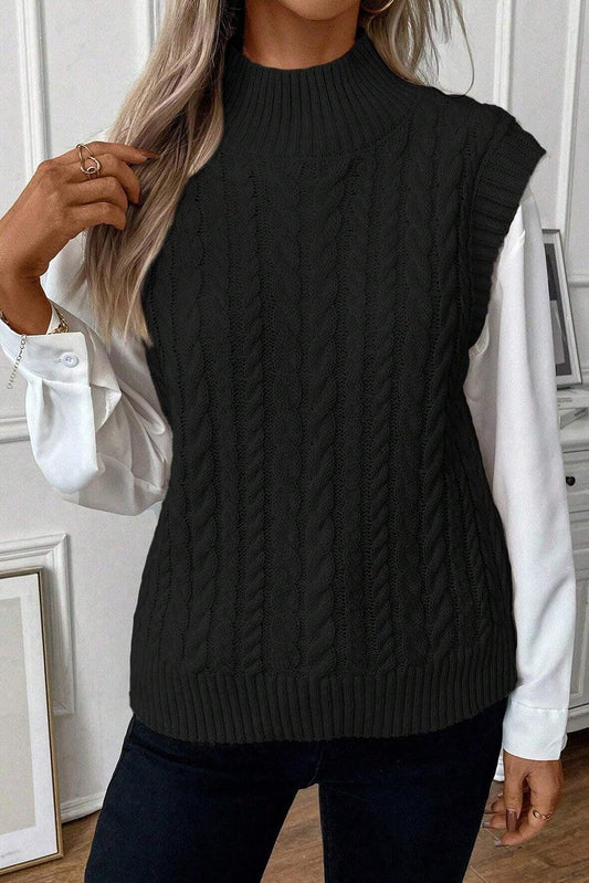 Black Cable Knit High Neck Sweater Vest - L & M Kee, LLC