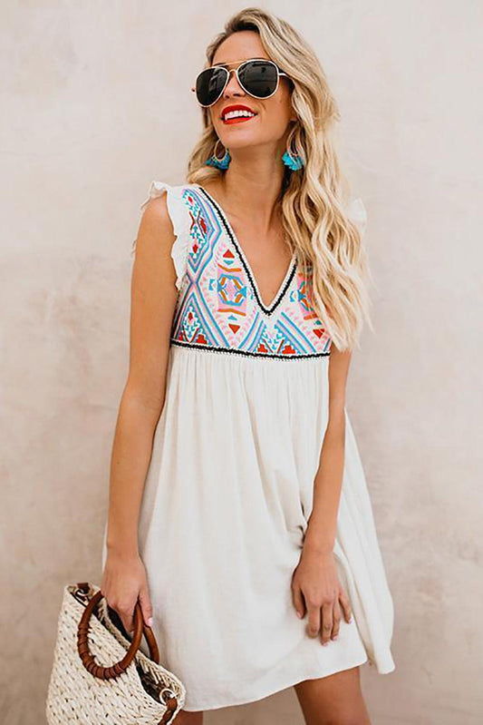 Summer Beach Floral Sleeveless V Neck Mini Dress - L & M Kee, LLC