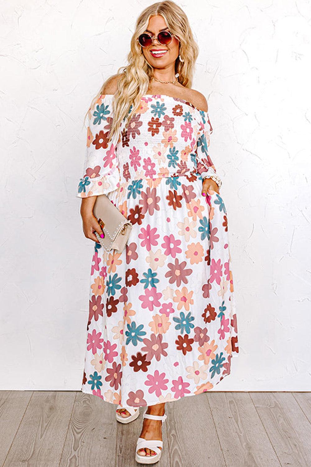 White Plus Size Flower Print Smocked Off Shoulder Dress - L & M Kee, LLC