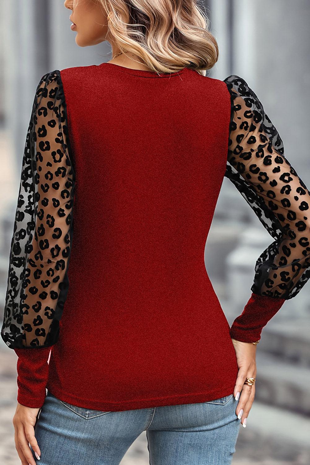 Black Leopard Mesh Puff Sleeve Patchwork Slim Fit Top - L & M Kee, LLC