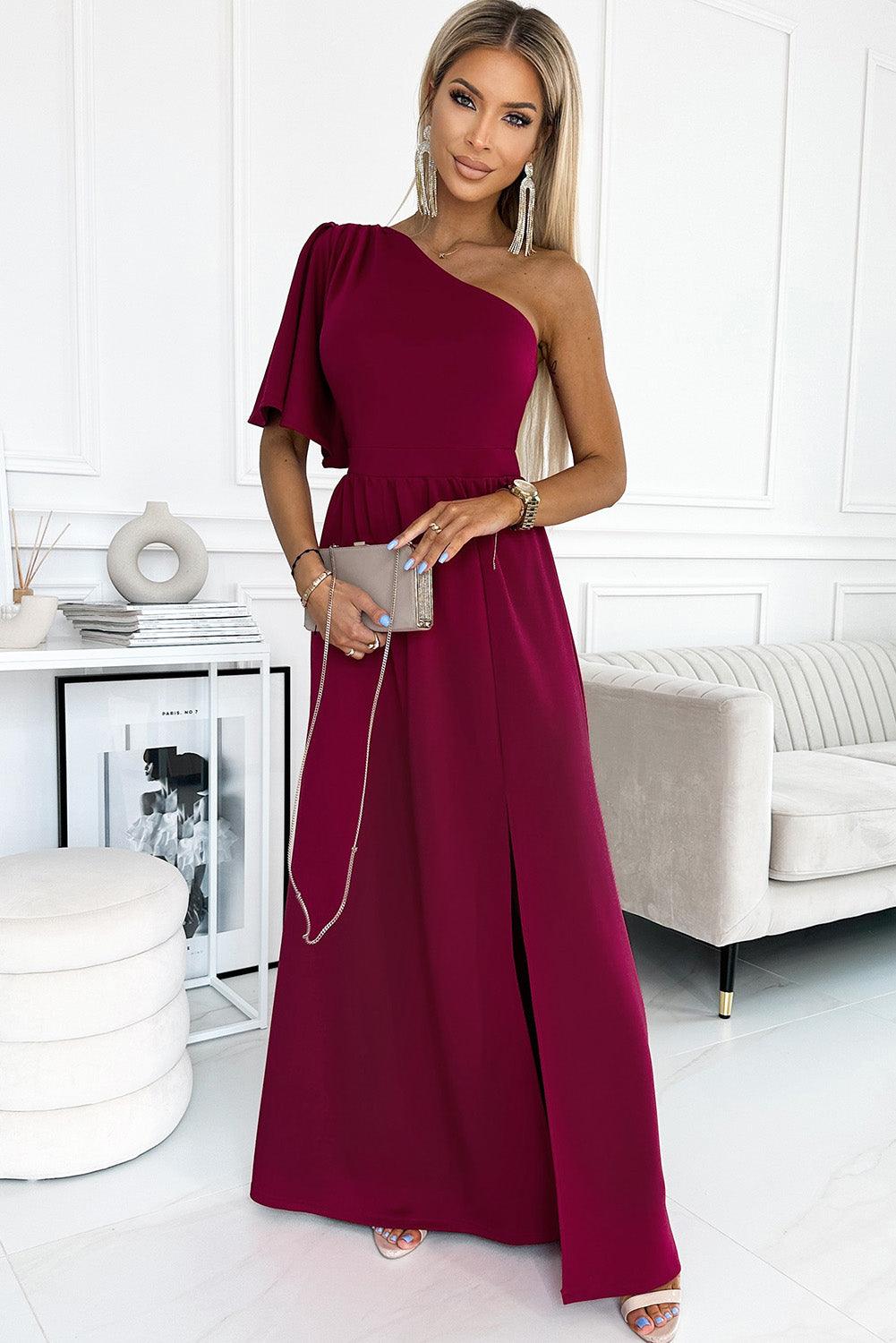 Rose One Shoulder Ruffle Sleeve Maxi Dress with Slit - L & M Kee, LLC