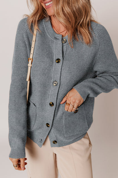 Medium Grey Chunky Buttoned Front Round Neck Cardigan Sweater