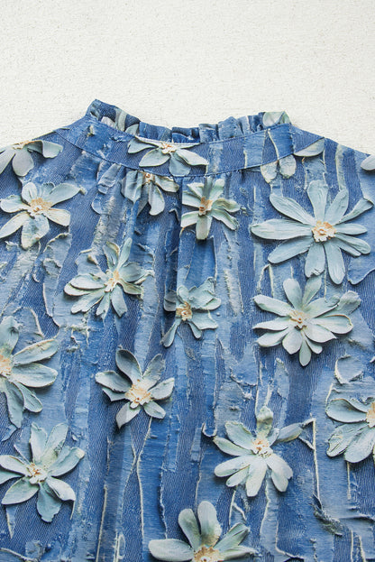 Sky Blue Fall Floral Half Placket Collared V Neck Blouse