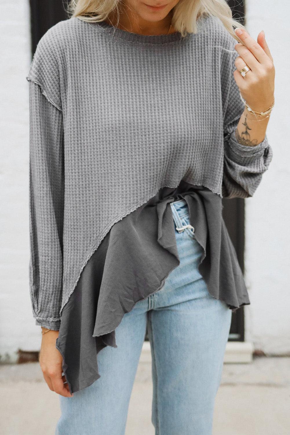 Medium Grey Waffle Long Sleeve Ruffled Patchwork Top - L & M Kee, LLC