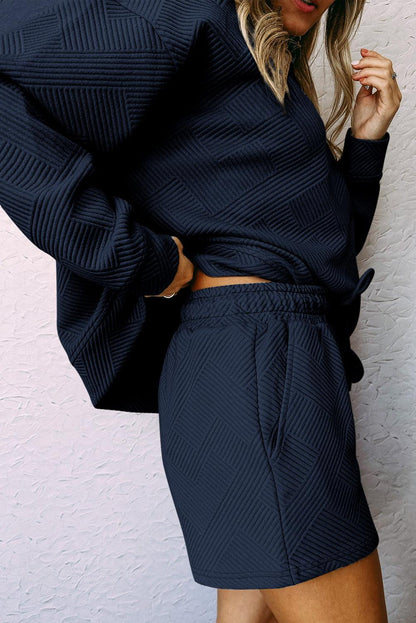 Navy Blue Textured Long Sleeve Top and Drawstring Shorts Set - L & M Kee, LLC