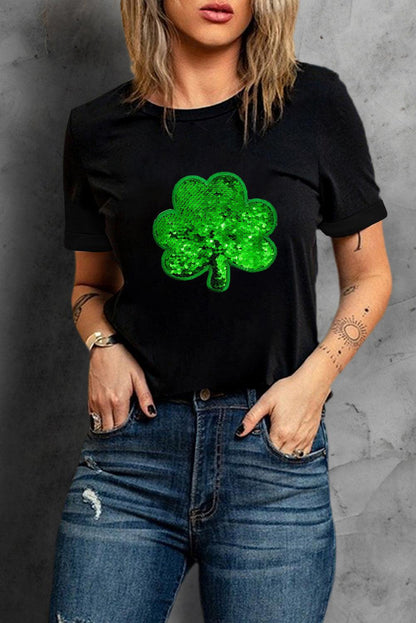 Black Sequin Clover Embroidered Round Neck Graphic Tee - L & M Kee, LLC