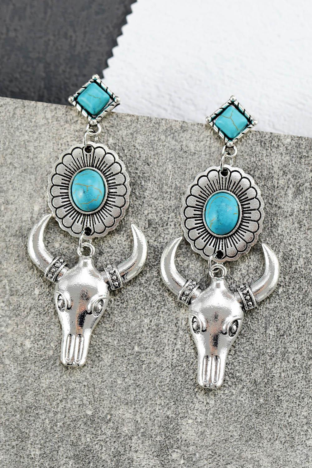 Turquoise Gem Stone Flower Steer Head Boho Earrings - L & M Kee, LLC