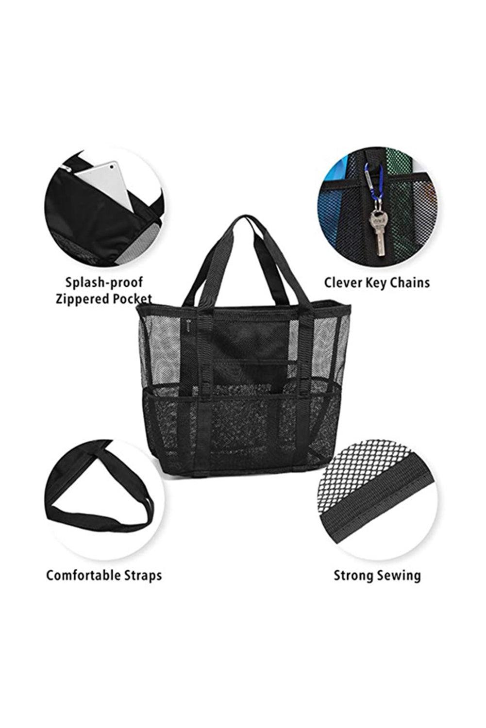 Black Multi-pocket Large Mesh Tote Bag - L & M Kee, LLC