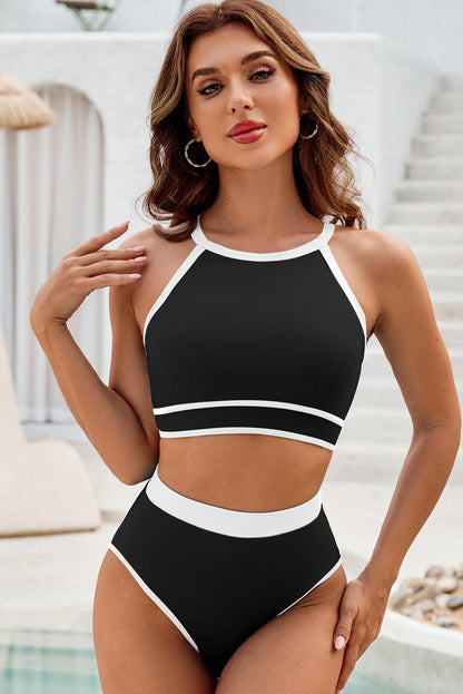 Black Contrast Trim Crisscross Back High Waisted Bikini - L & M Kee, LLC