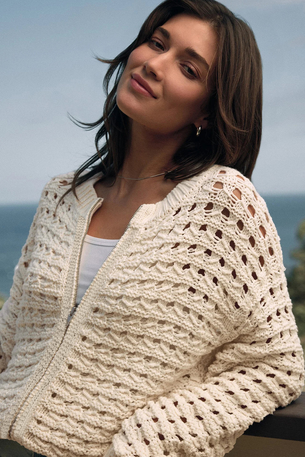 Beige Hollowed Pattern Knit Zip Up Drop Shoulder Sweater Cardigan