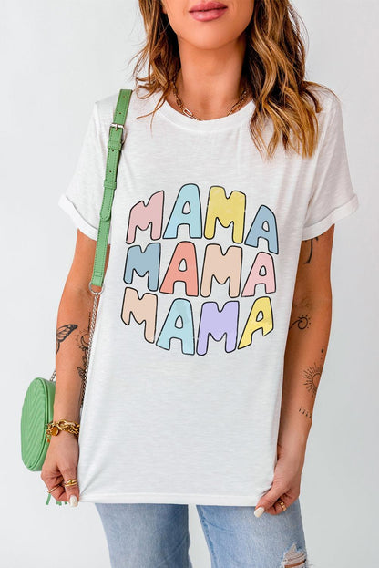 White MAMA Slogan Print Crew Neck Casual T Shirt - L & M Kee, LLC