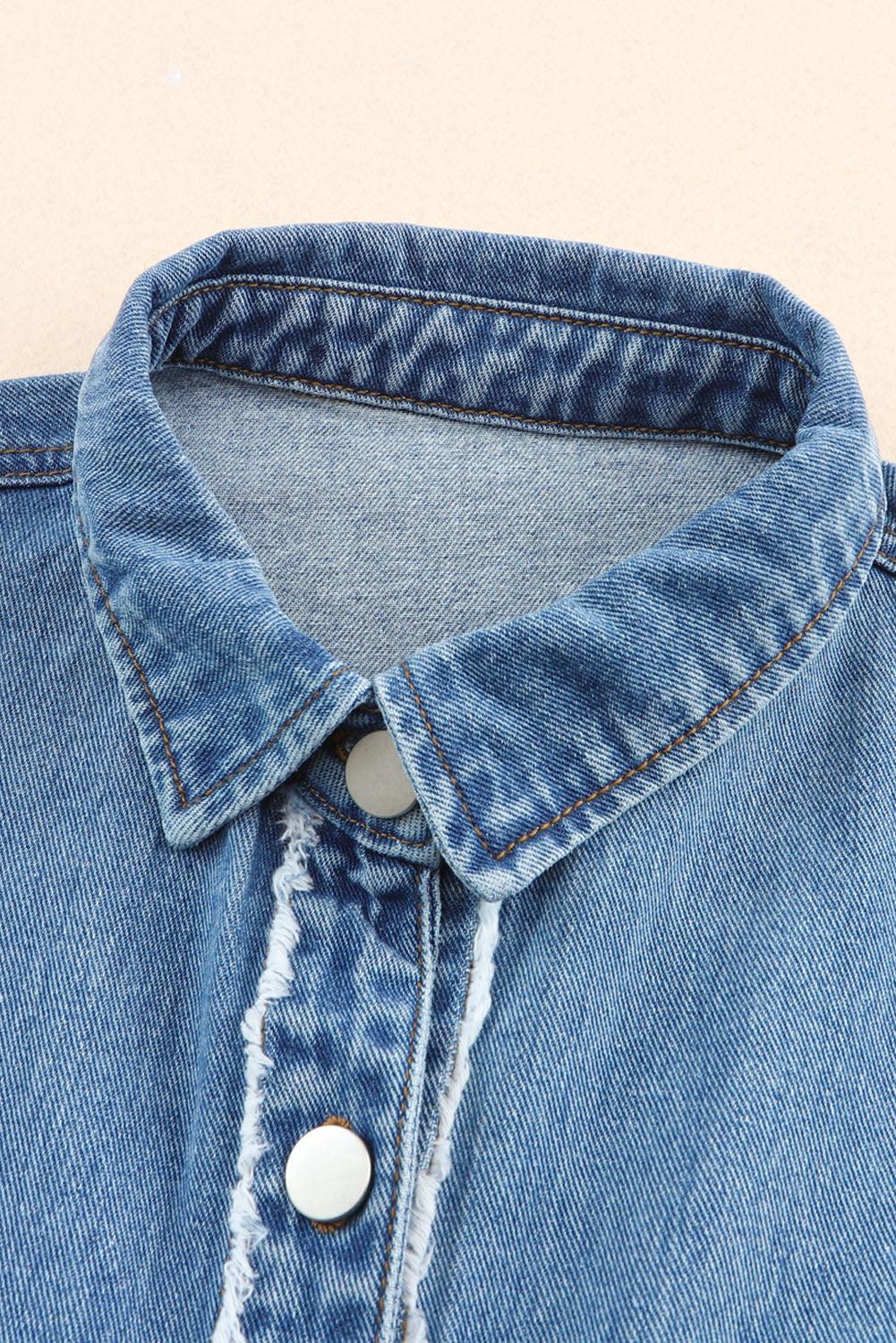 Blue Color Block Frayed Patchwork Oversize Denim Jacket - L & M Kee, LLC