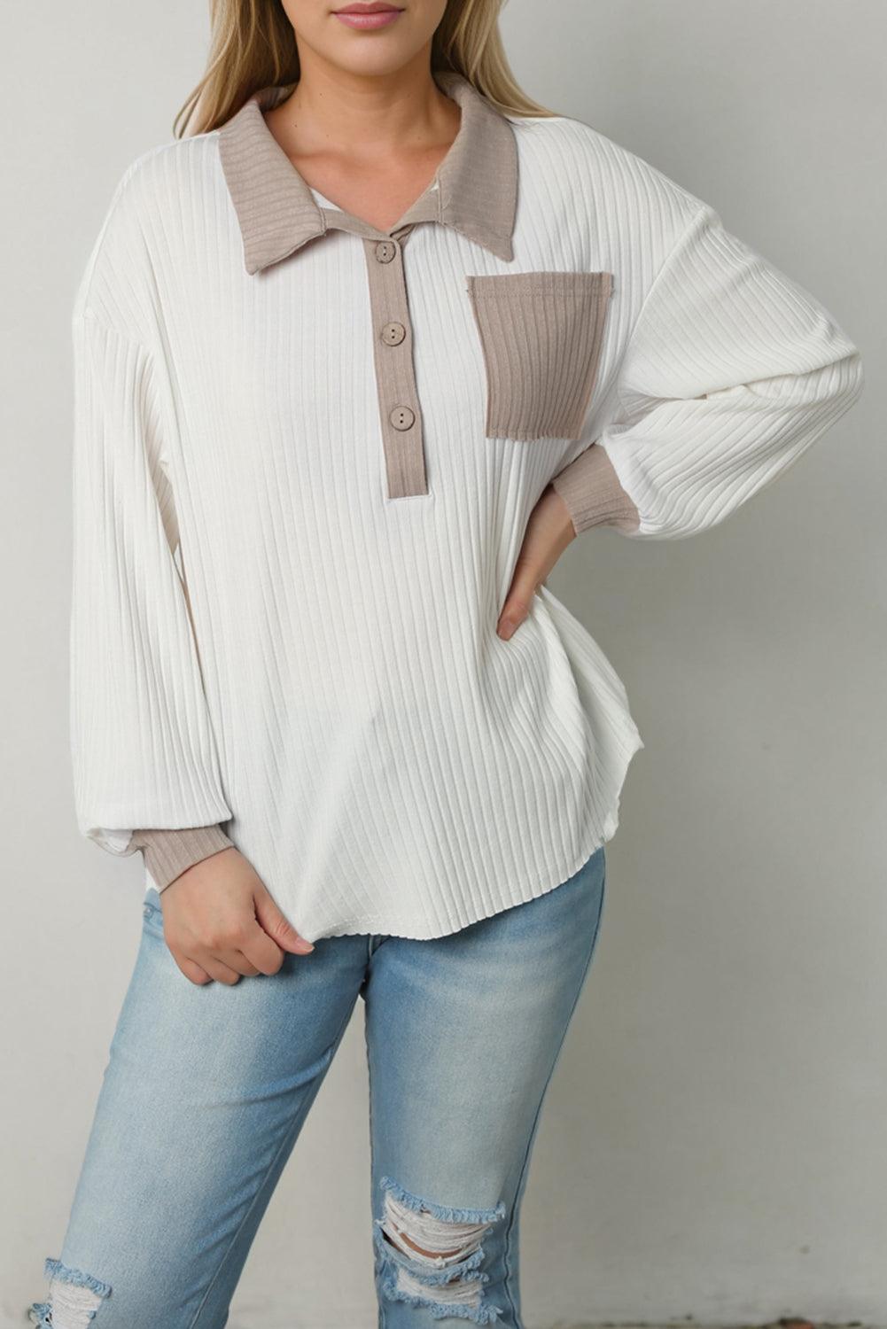 White Contrast Trim Buttons Collared Neck Ribbed Knit Top - L & M Kee, LLC