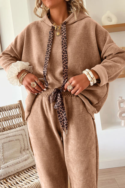 Rose Tan Lace Drawstring Pullover Hoodie and High Waist Pants Corduroy Suit