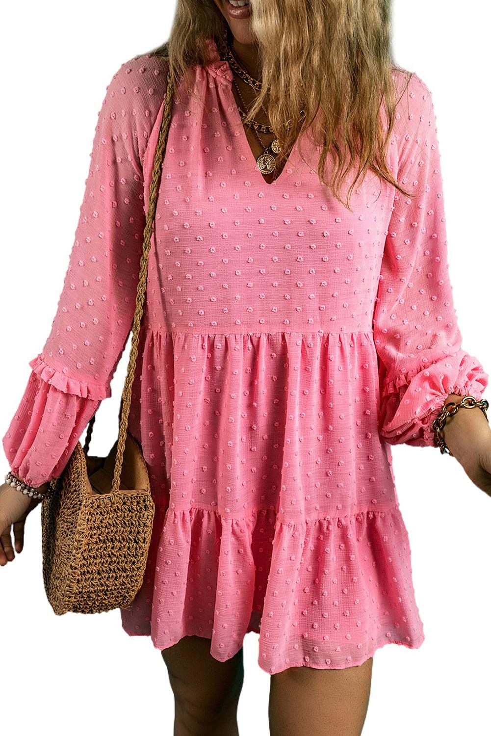 Pink Swiss Dotted Split Neck Tiered Ruffled Short Dress - L & M Kee, LLC