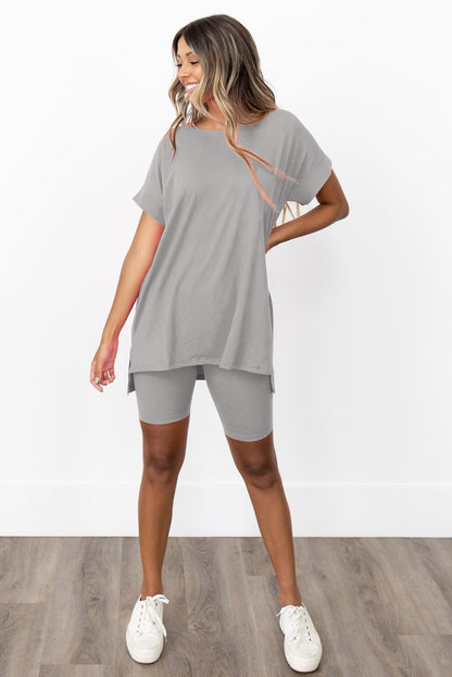 Gray Solid Split Hem Tunic Tee and Tight Shorts Set - L & M Kee, LLC