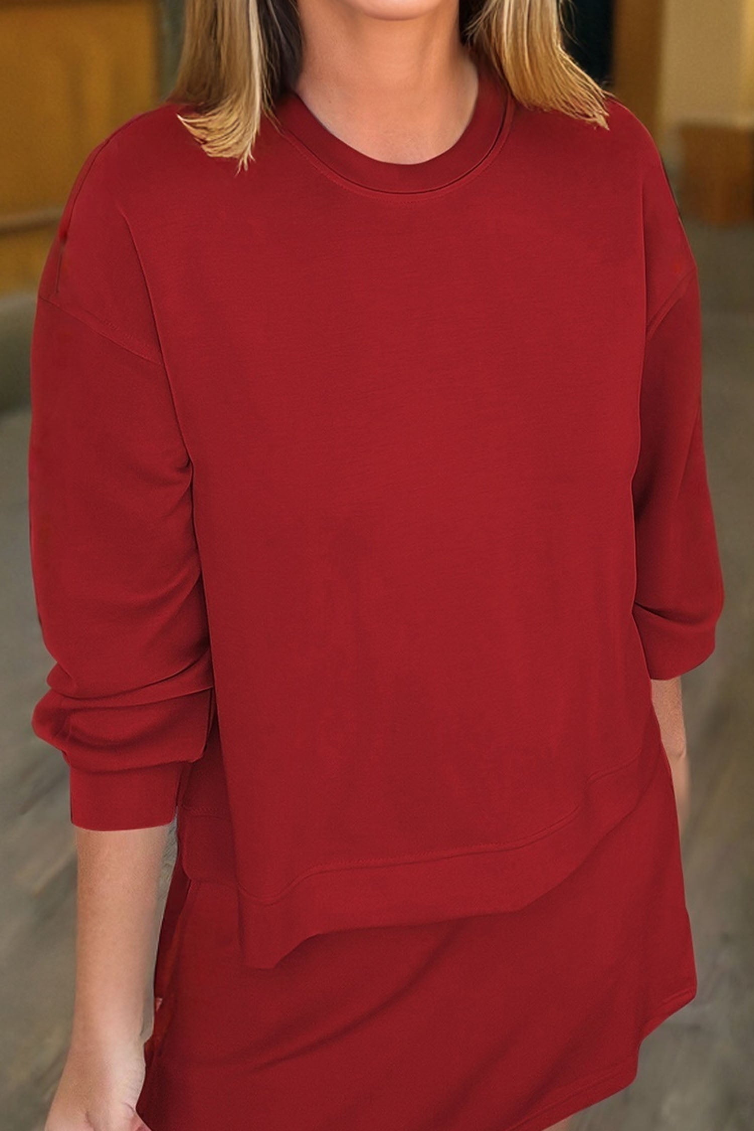 Racing Red Solid Color Drop Shoulder Pullover Drawstring Mini Skirt 2pcs Outfit