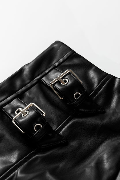 Black Faux Leather Retro Buckle Detail Pleated Stitch Flared Midi Skirt
