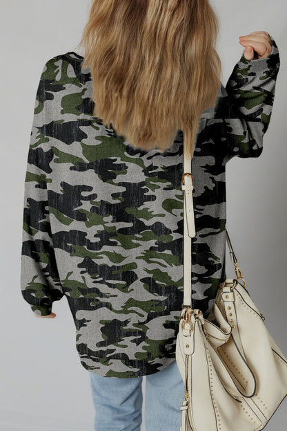 Brown Retro Camouflage Print Exposed Seam Patchwork Drop Shoulder Sweatshirt