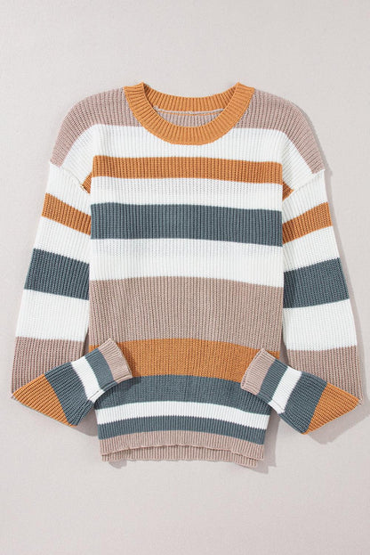 Camel Striped Knit Crew Neck T Shirt Sweater - L & M Kee, LLC