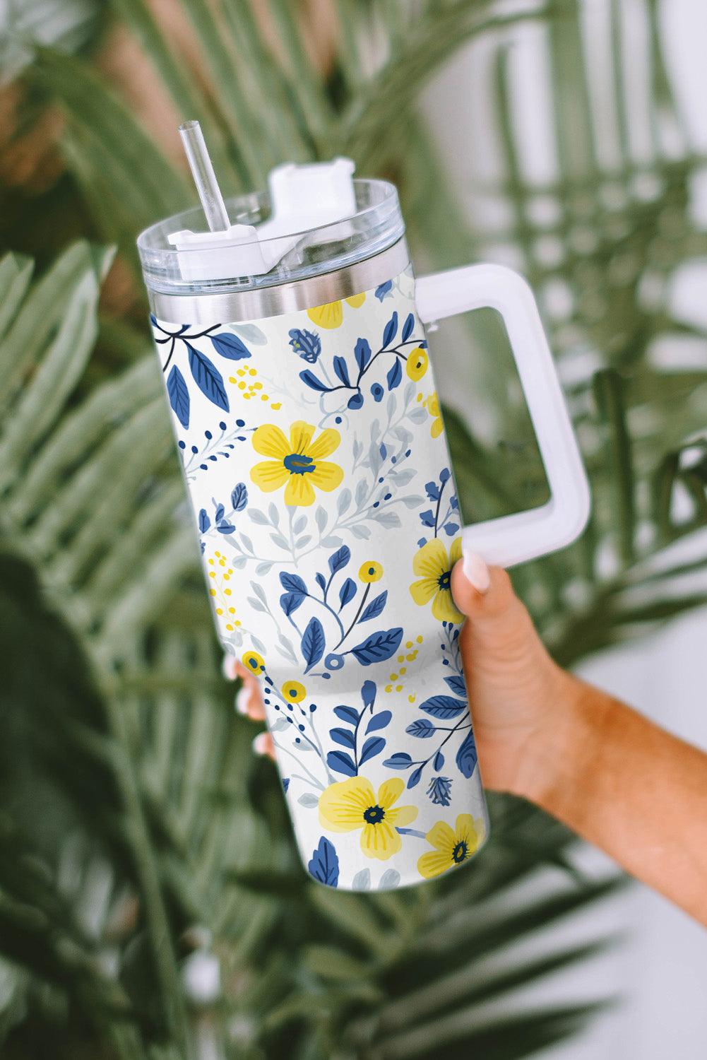 White Flower Print Stainless Handled Large Tumbler 40oz - L & M Kee, LLC