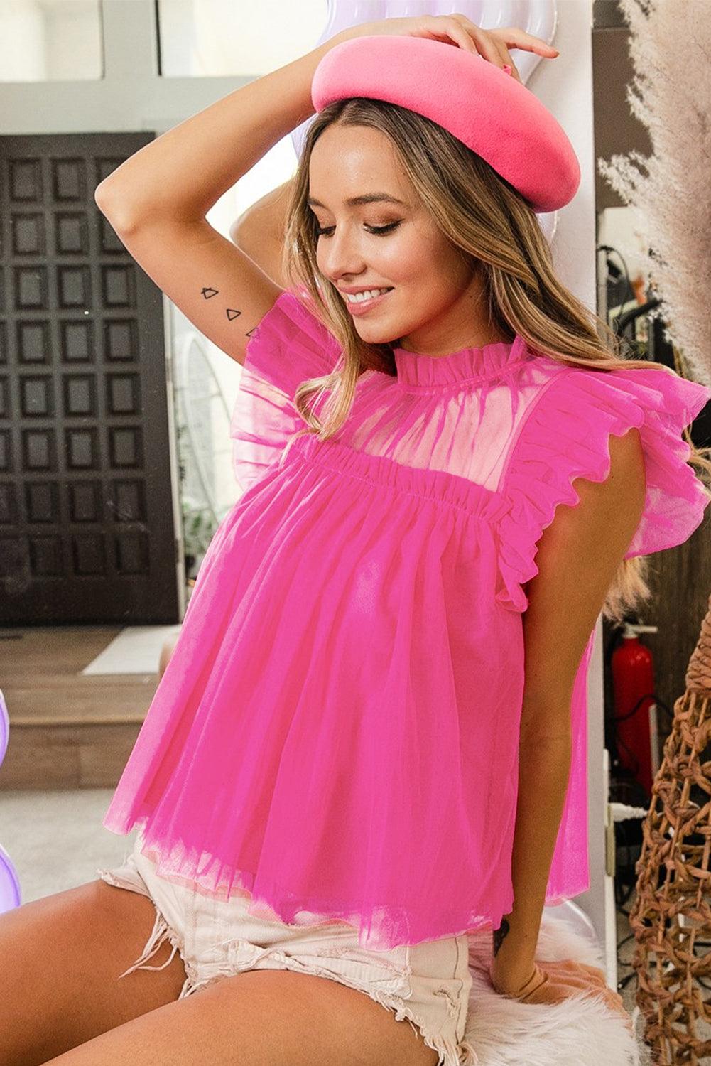 Strawberry Pink Tulle Ruffle Sleeve Flared Babydoll Blouse - L & M Kee, LLC