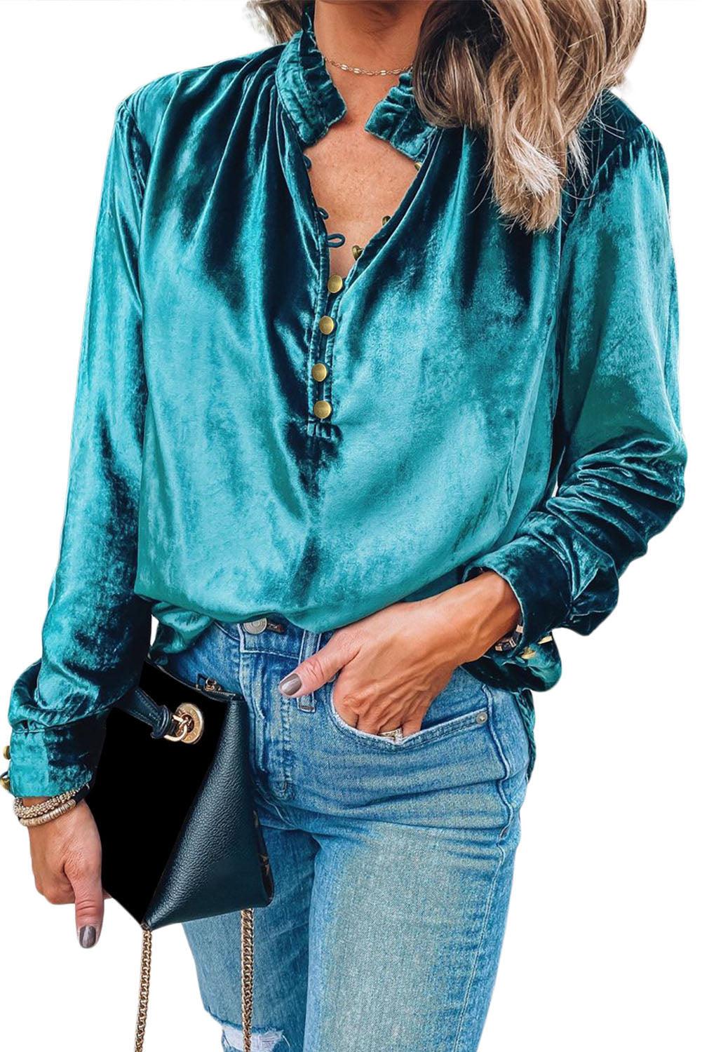 Green Frilled Neck Buttoned Front Velvet Top - L & M Kee, LLC