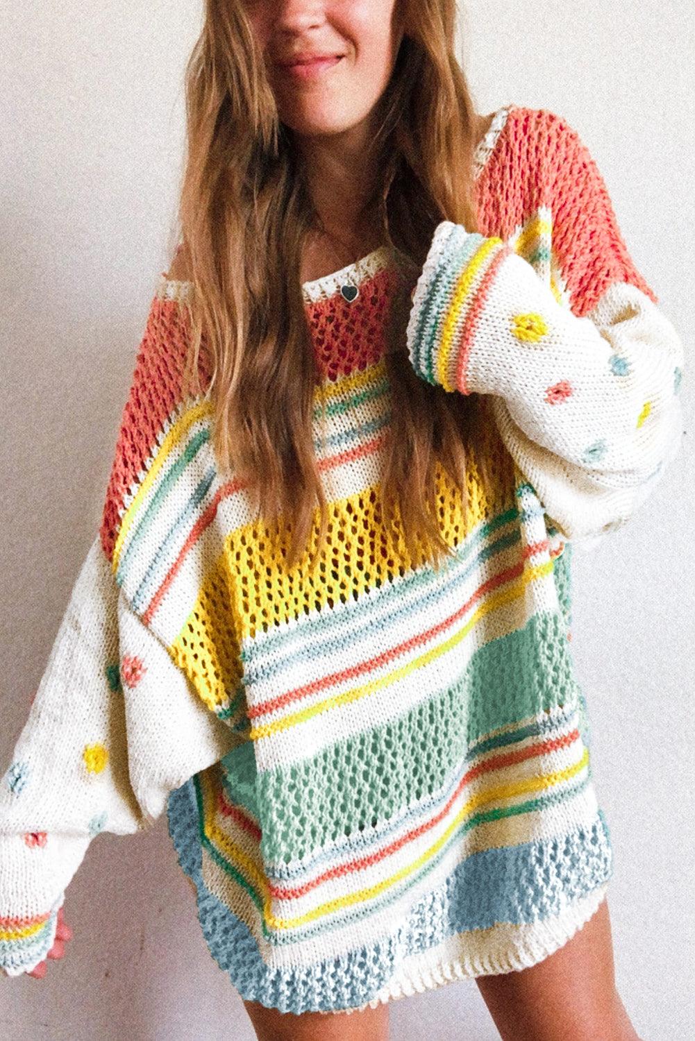 Multicolor Hollow Striped Knit Contrast Sleeve Sweater - L & M Kee, LLC