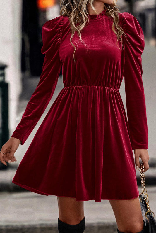 Red Dahlia Velvet Frilled Neck Gigot Sleeve Swing Dress - L & M Kee, LLC