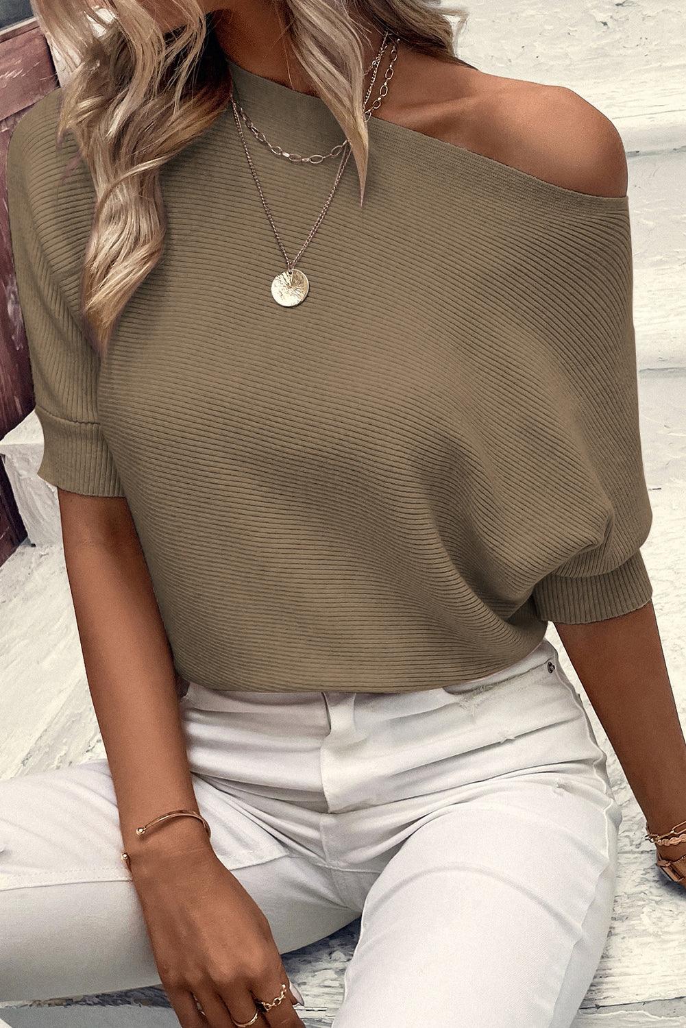 Coffee Round Neck Half Sleeve Ribbed Knit Top - L & M Kee, LLC