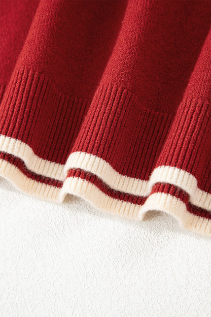 Racing Red Leopard Bow Decor Split Cuff Contrast Trim Sweater