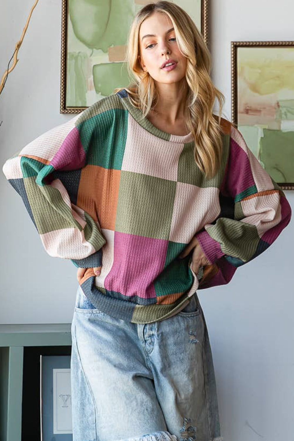 Green Checkered Print Textured Knit Long Sleeve Loose Top