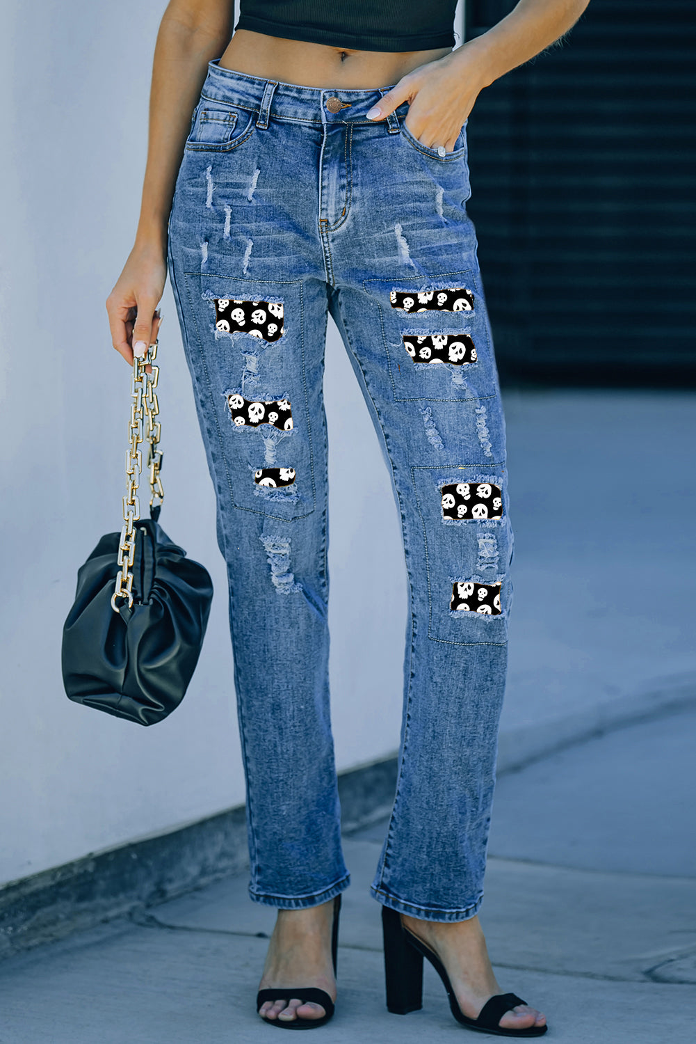 Sky Blue Halloween Skull Patchwork Distressed Straight Jeans