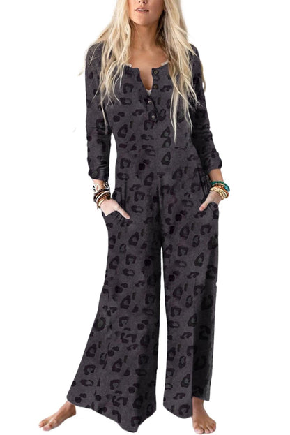 Gray Printed Buttoned Bodice Wide Leg Leopard Jumpsuit - L & M Kee, LLC