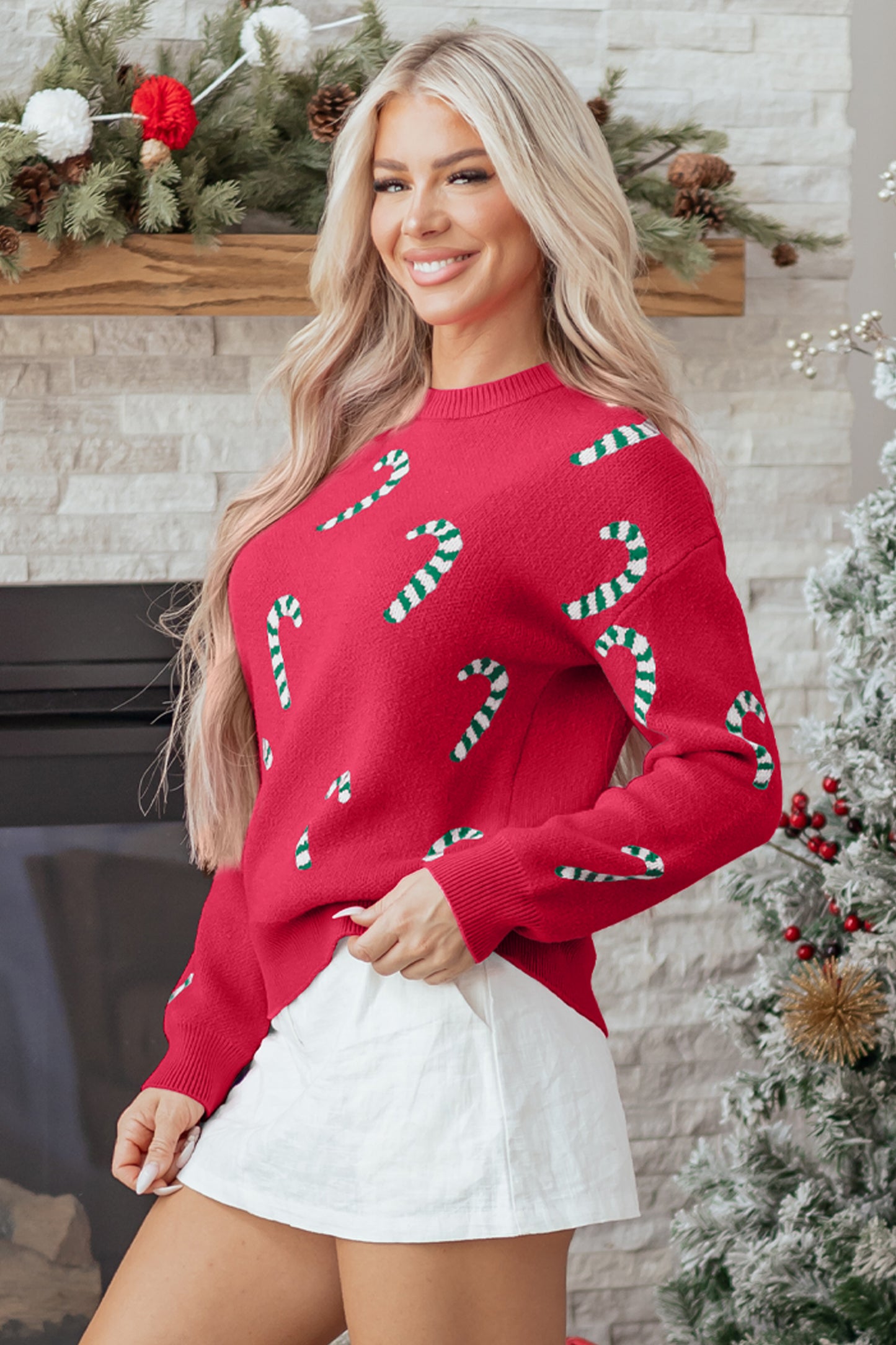 Racing Red Christmas Candy Cane Holiday Drop Shoulder Sweater