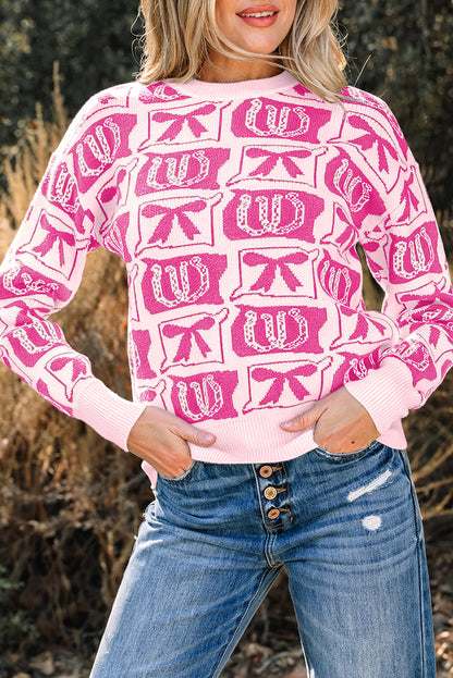 Pink Bows & Horseshoes Pattern Western Fashion Print Sweater