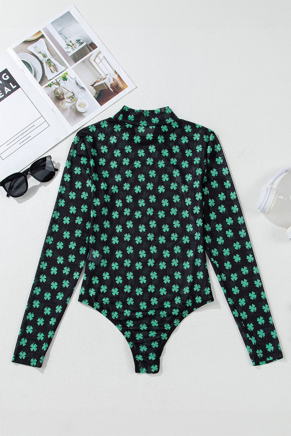 Green St Patrick Shamrock Printed Long Sleeve Mesh Bodysuit