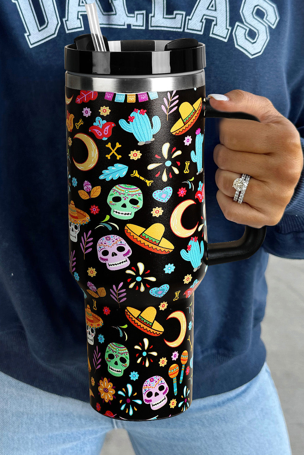 Black Halloween Pattern Print Handle Vacuum Cup 40oz