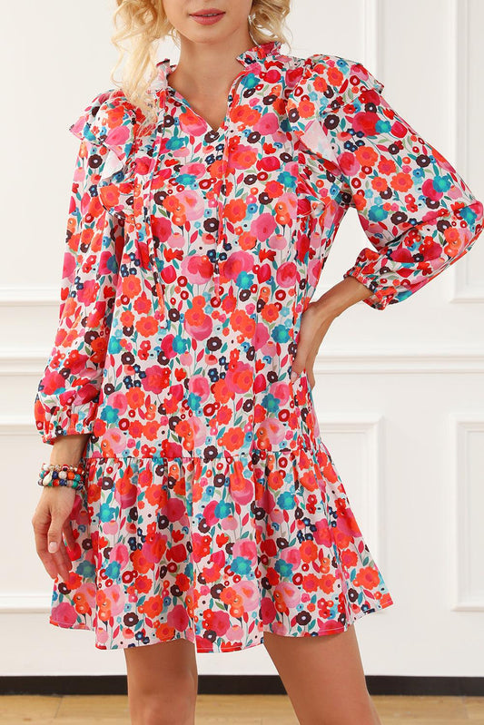 Multicolour Ruffle Split Neck Floral Long Sleeve Dress - L & M Kee, LLC