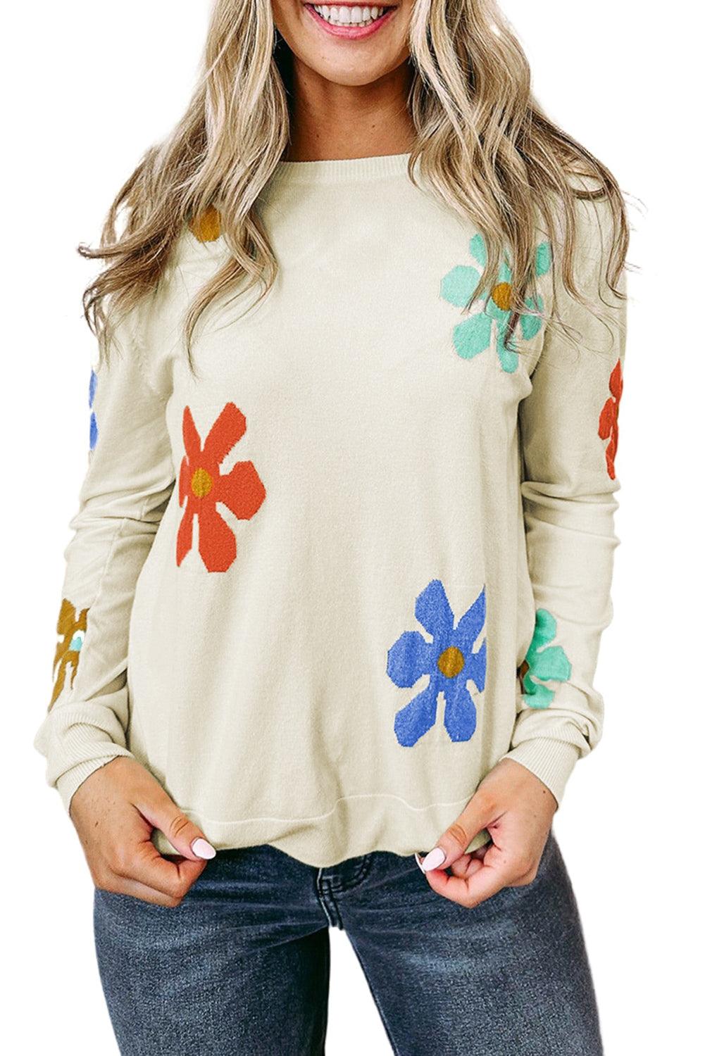 White Sweet Floral Pullover Sweater - L & M Kee, LLC