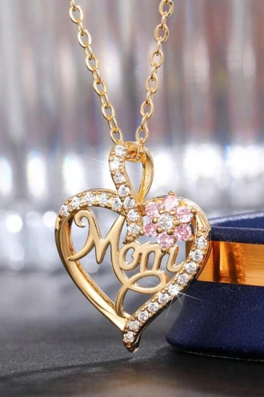 Gold Mom Rhinestone Flower Hollow-out Heart Necklace - L & M Kee, LLC