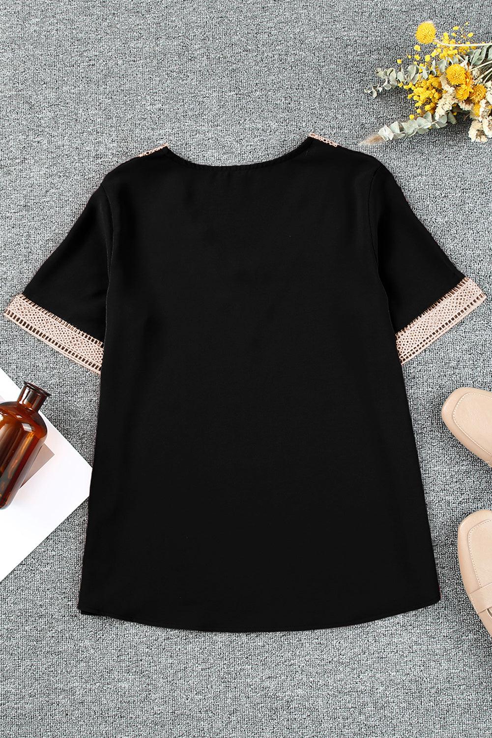 Black Lace Trim Short Sleeve V Neck Plus Size Top - L & M Kee, LLC