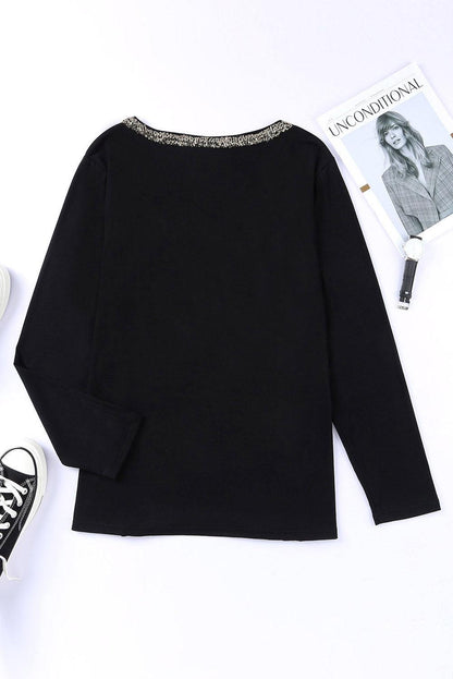 Black Glitter V Neck Chest Pocket Long Sleeve Top - L & M Kee, LLC