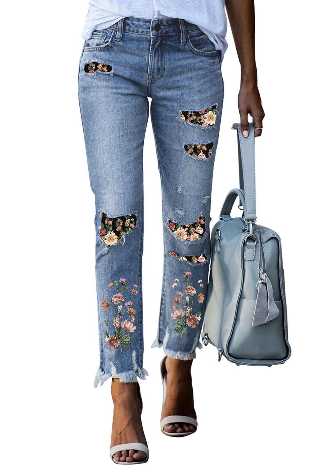 Printed Patch Ripped Skinny Jeans - L & M Kee, LLC