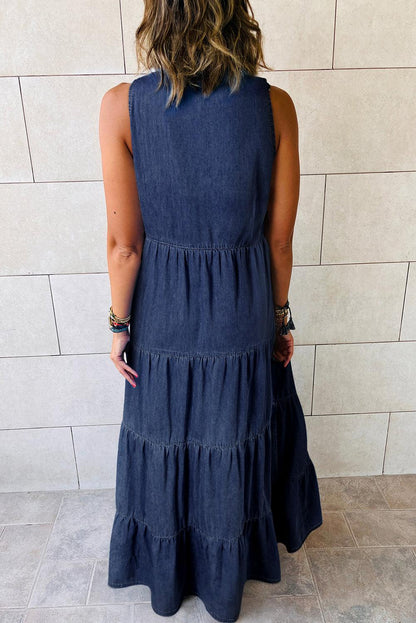 Real Teal Sleeveless Tiered Chambray Maxi Dress - L & M Kee, LLC