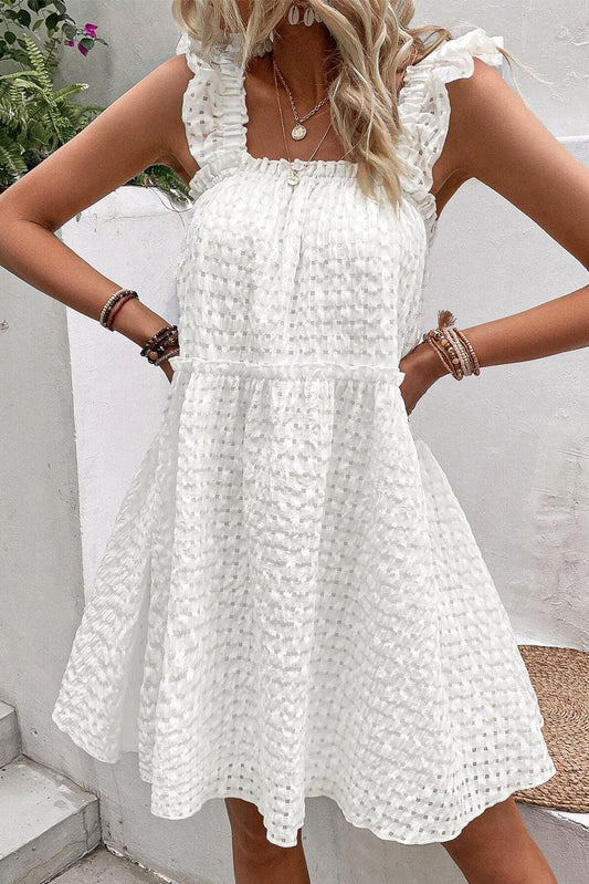 White Plaid Ruffled Straps Flowy Sleeveless Dress - L & M Kee, LLC