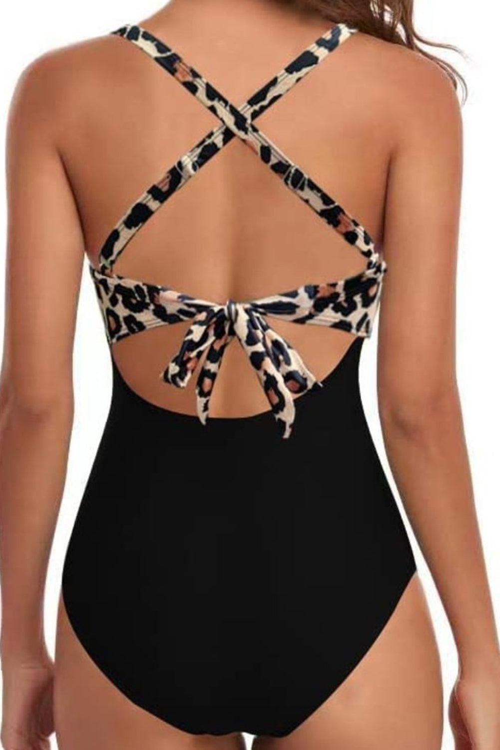 Black Leopard 2-tone Crossed Cutout Backless Monokini - L & M Kee, LLC