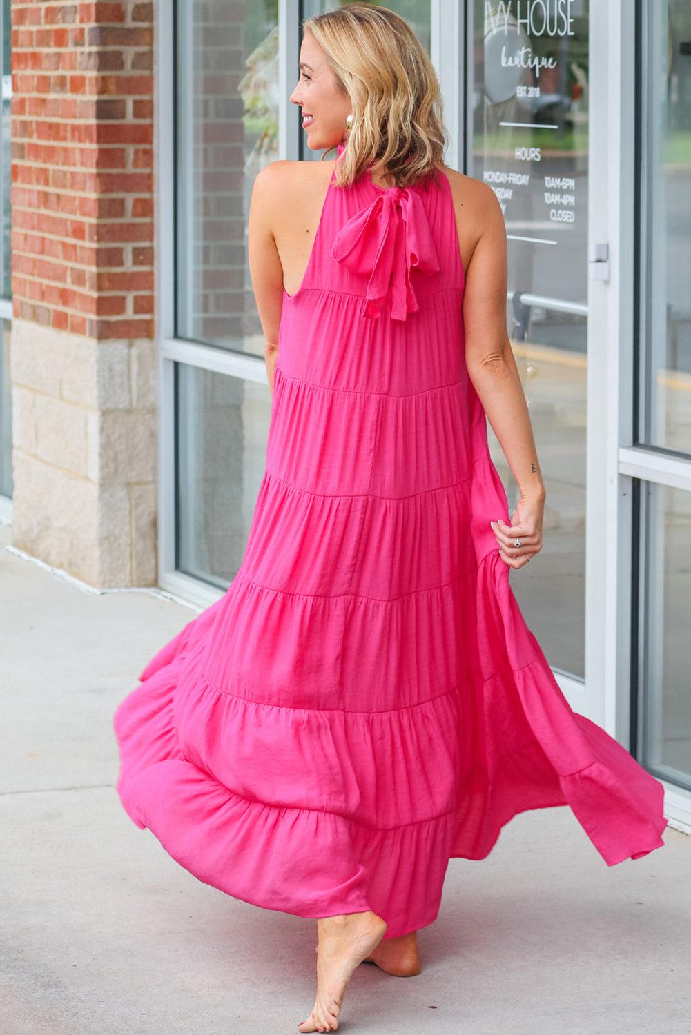 Rose Red High Frilled Neck Tiered Sleeveless Maxi Dress - L & M Kee, LLC