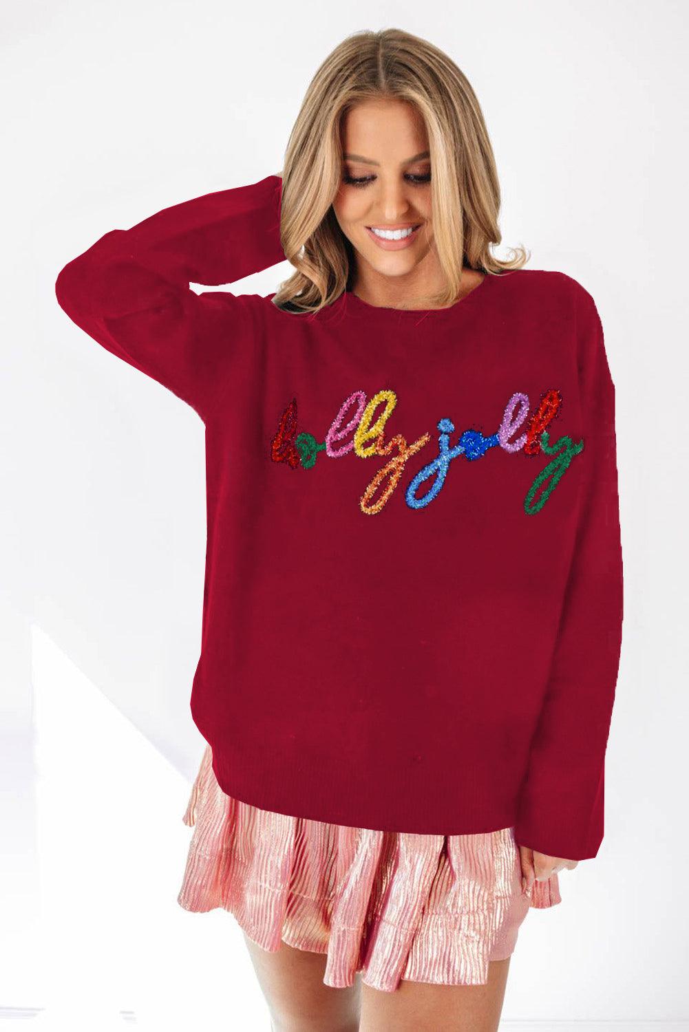 Black Holly Jolly Round Neck Casual Sweater - L & M Kee, LLC