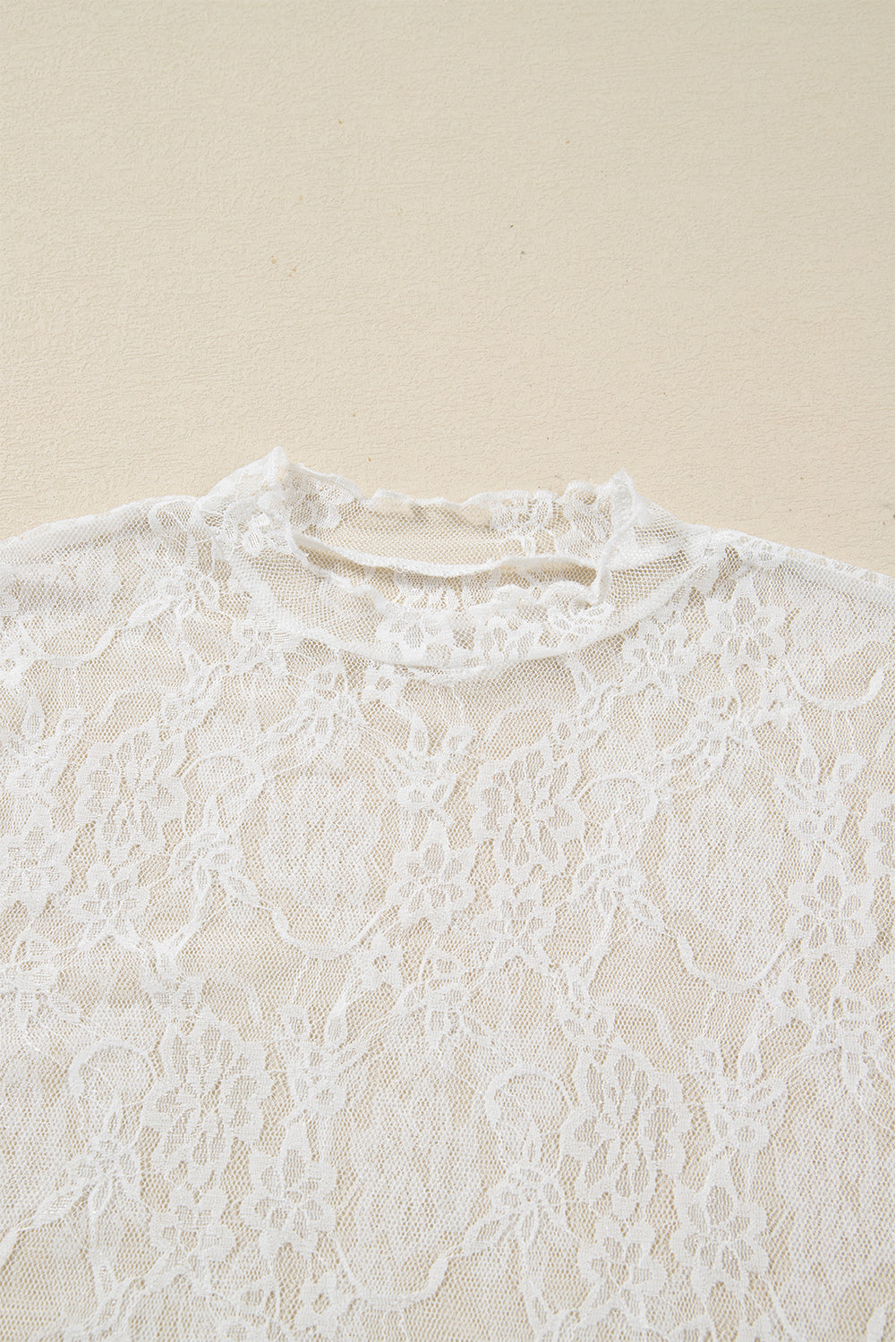 White Sheer Lace Mesh Mock Neck Slim Fit Long Sleeve Top